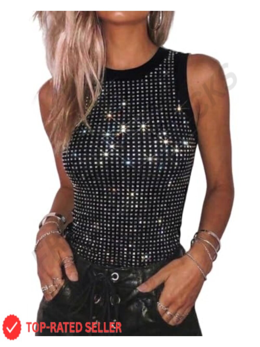 Rhinestone Sleeveless Ribbed Slim Fit Tank Top Going Out